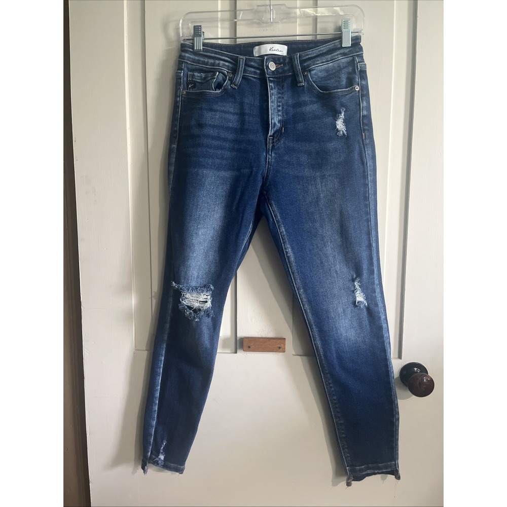 KanCan Jeans Women's 7/27 High Rise Skinny Frayed Hem Dark Wash Distressed